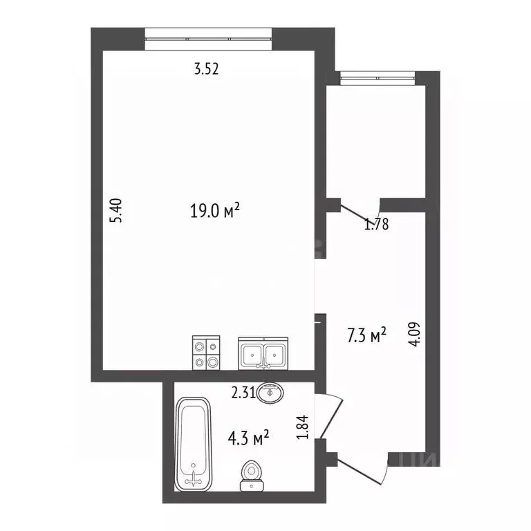 Студия Тюменская область, Тюмень ул. Ю.-Р.Г. Эрвье, 32к1 (30.6 м) - Фото 2
