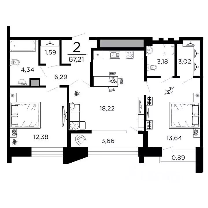 2-к кв. Рязанская область, Рязань ул. 1-я Железнодорожная (67.21 м) - Фото 0