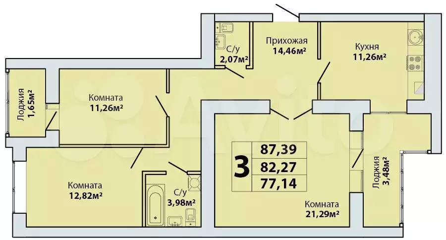 3-к. квартира, 90м, 7/10эт. - Фото 1