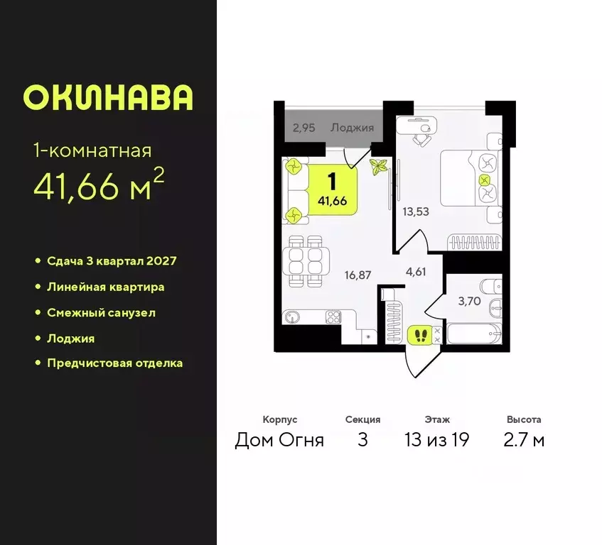 1-к кв. Тюменская область, Тюмень Окинава жилой комплекс (41.66 м) - Фото 0