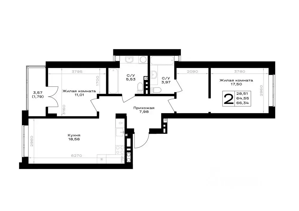 2-к кв. Калининградская область, Гурьевск Включи жилой комплекс (66.34 ... - Фото 1