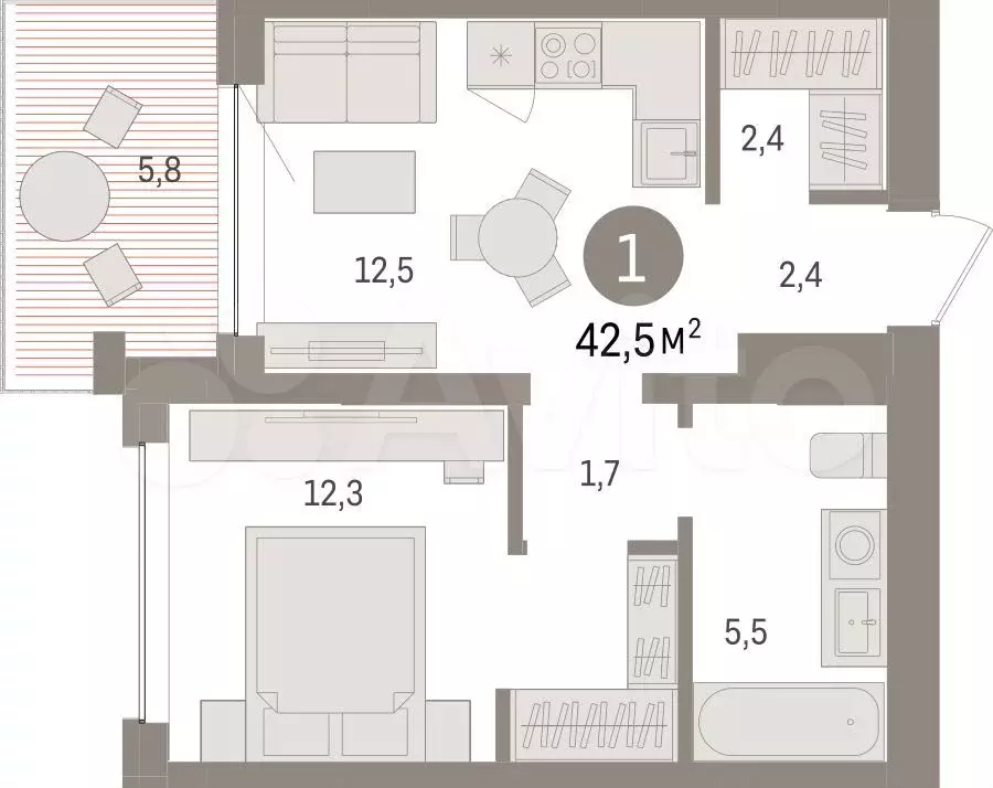 1-к. квартира, 42,5 м, 2/8 эт. - Фото 1