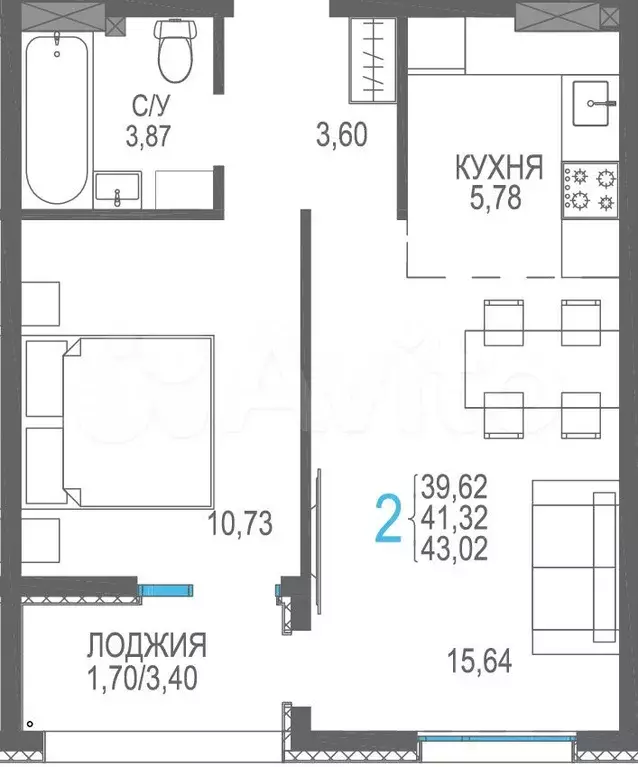 2-к. квартира, 43 м, 3/9 эт. - Фото 0
