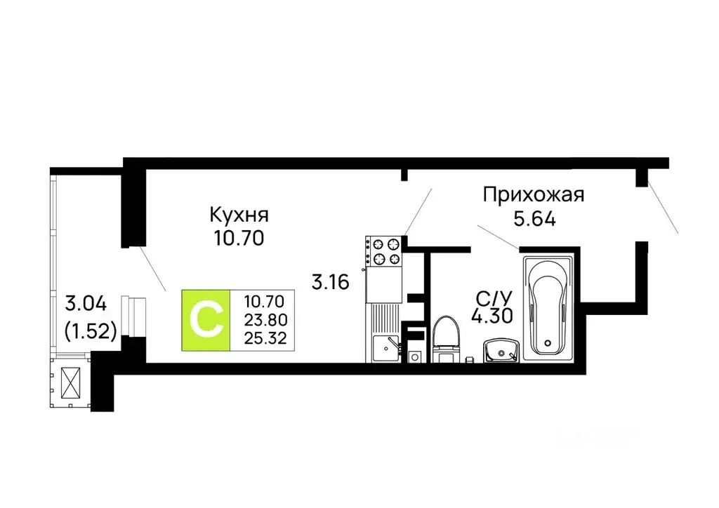 Студия Адыгея, Майкоп 9 Мая ул., 14А (25.32 м) - Фото 1