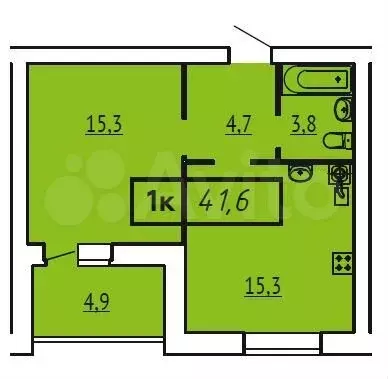 1-к. квартира, 41,6 м, 7/9 эт. - Фото 0