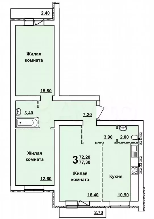 3-к. квартира, 77,3 м, 7/10 эт. - Фото 0