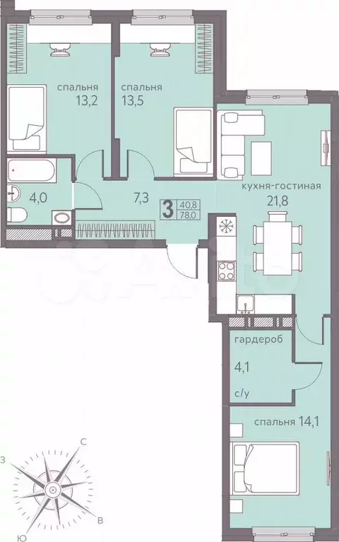 3-к. квартира, 78 м, 9/22 эт. - Фото 0