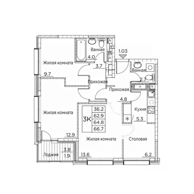 3-к кв. Приморский край, Владивосток ул. Расула Гамзатова, 7к3 (66.7 ... - Фото 1