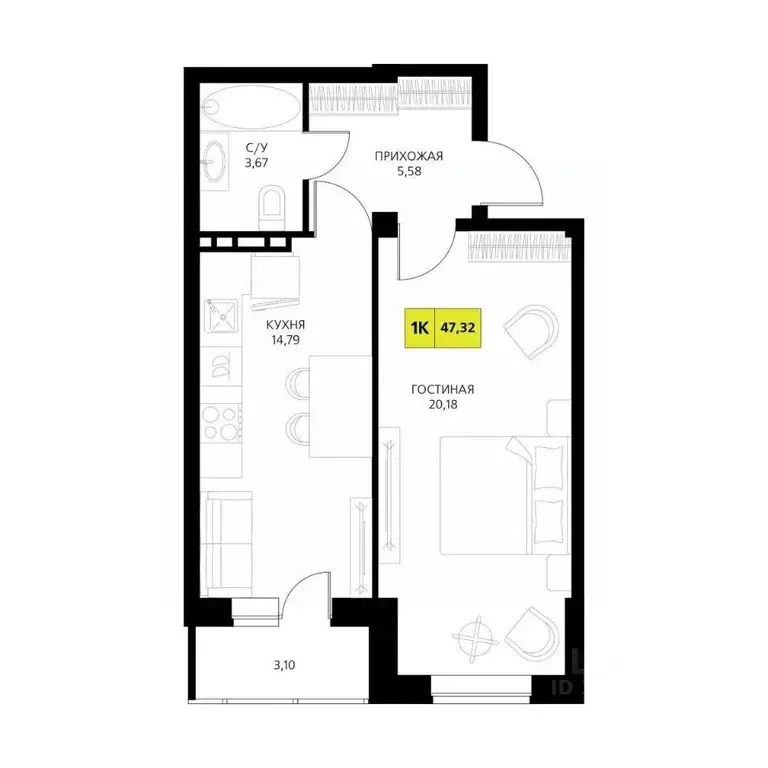 1-к кв. Дагестан, Дербент  (47.32 м) - Фото 1