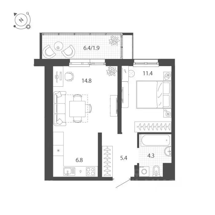 2-к кв. Тюменская область, Тюмень Профсоюзная ул., 55 (44.5 м) - Фото 0