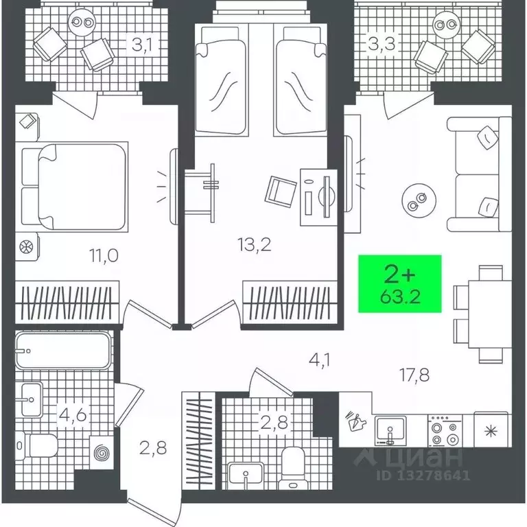 2-к кв. Тюменская область, Тюмень ул. Василия Малкова, 19 (63.24 м) - Фото 0