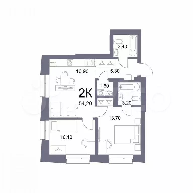2-к. квартира, 54,2 м, 17/29 эт. - Фото 0