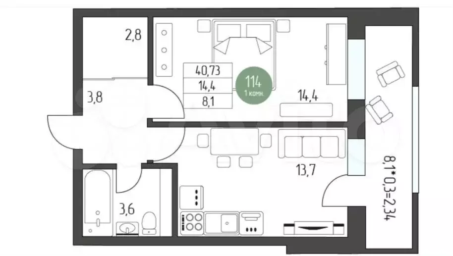 1-к. квартира, 41 м, 2/5 эт. - Фото 0