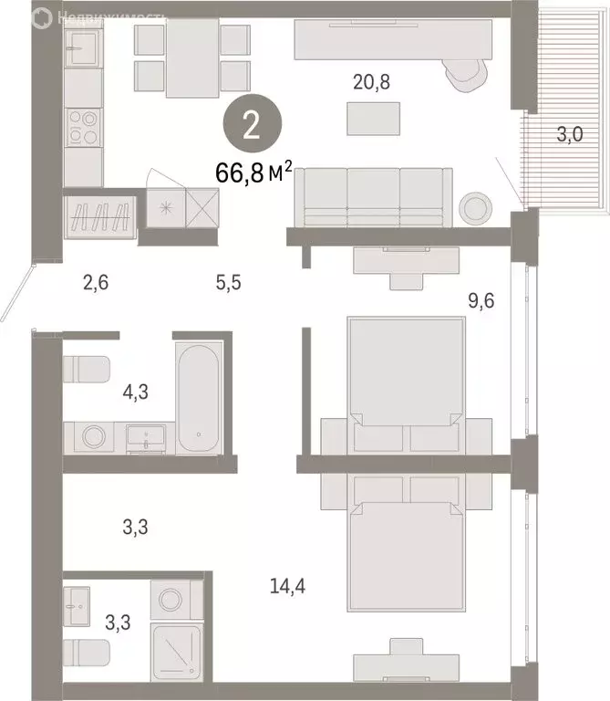 2-комнатная квартира: Тюмень, Ленинский округ (66.8 м) - Фото 1
