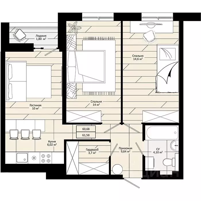 2-к кв. Приморский край, Уссурийск  (61.58 м) - Фото 1