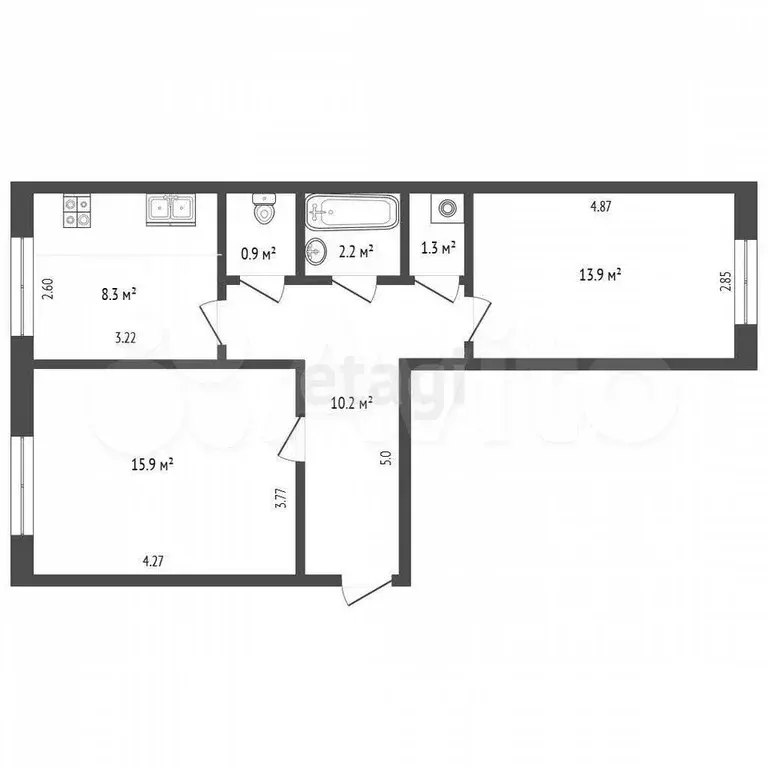 2-к. квартира, 55,4 м, 2/5 эт. - Фото 0
