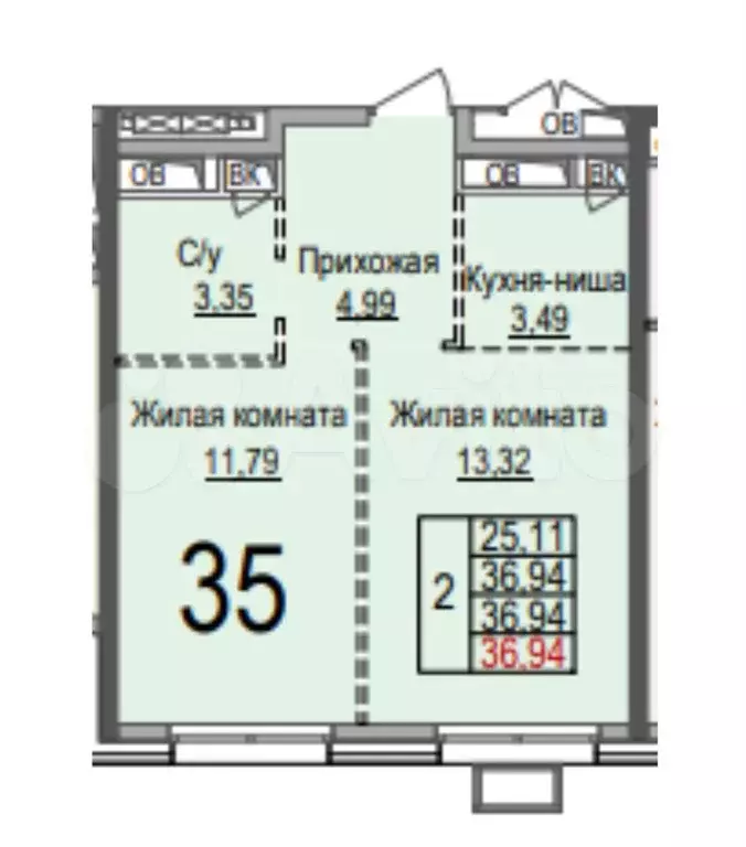 2-к. квартира, 36,9 м, 4/25 эт. - Фото 0