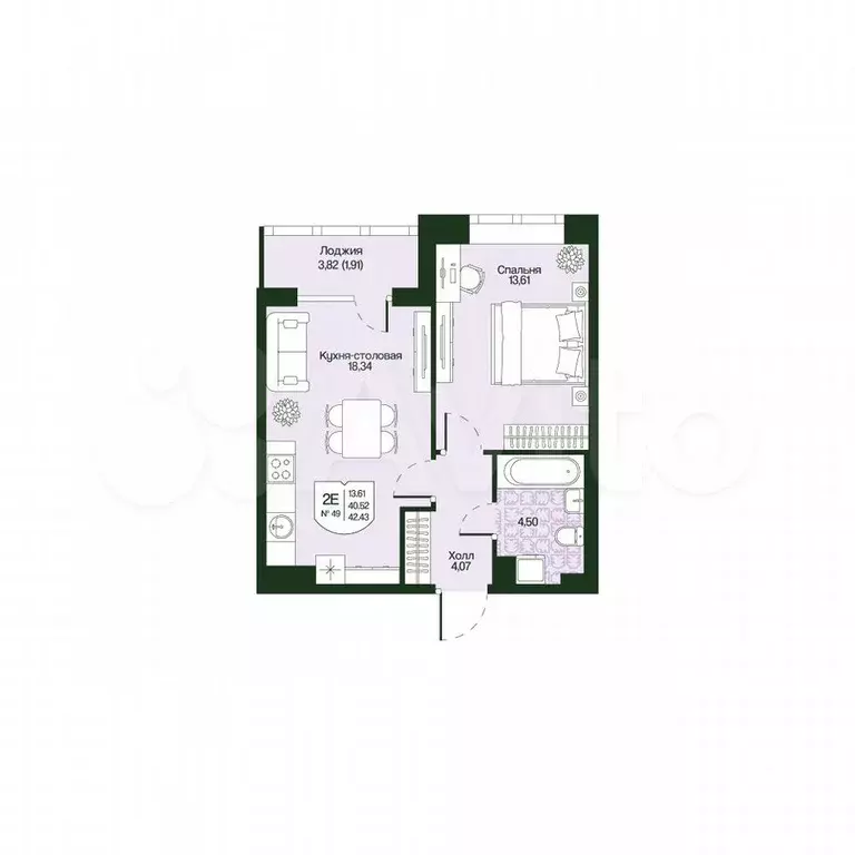 1-к. квартира, 42,4 м, 4/4 эт. - Фото 0