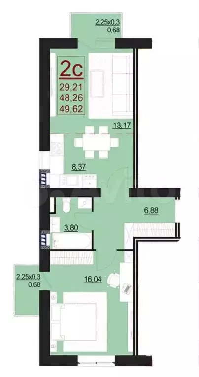 1-к. квартира, 49,6 м, 2/3 эт. - Фото 0