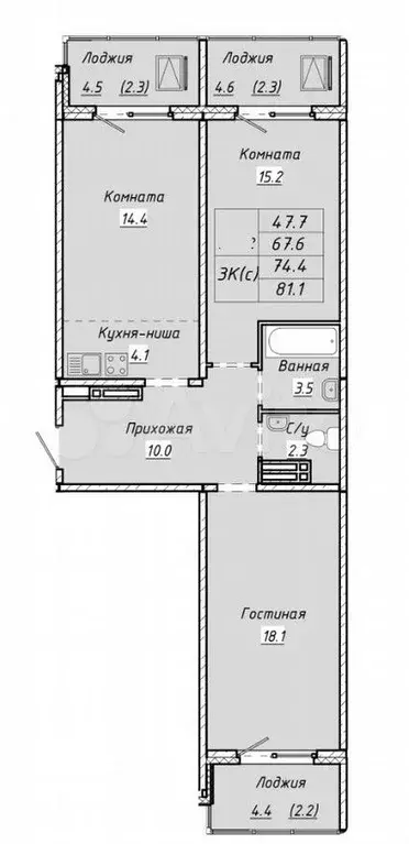 3-к. квартира, 74,4м, 9/15эт. - Фото 0