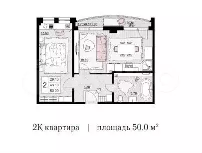 2-к. квартира, 50м, 4/9эт. - Фото 1