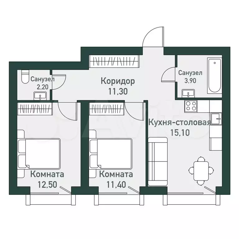 2-к. квартира, 56,3м, 6/7эт. - Фото 0