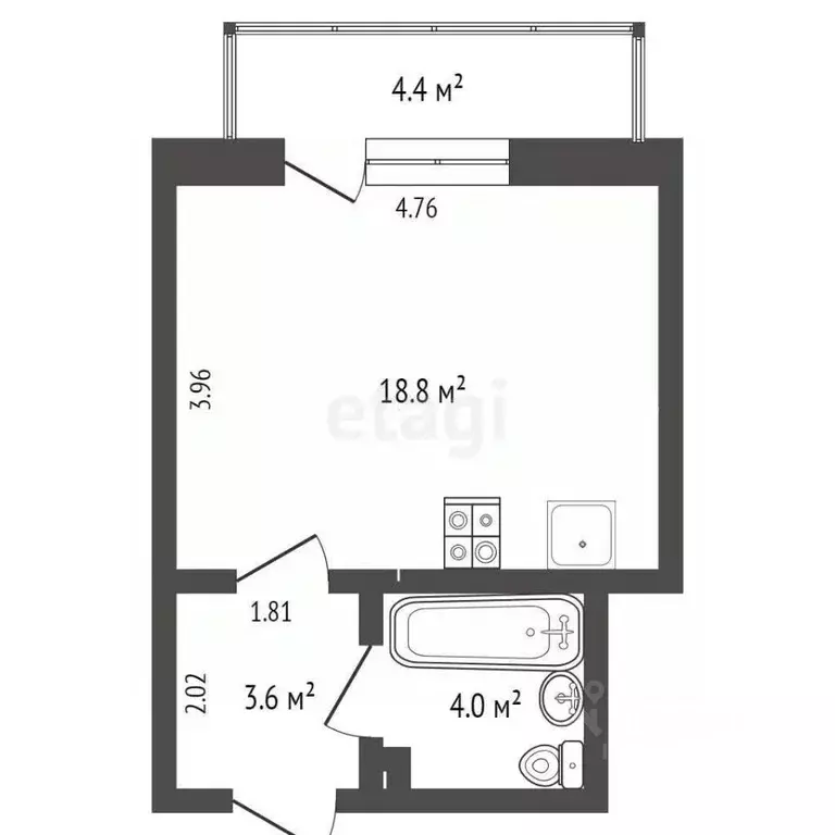 Студия Тюменская область, Тюмень ул. Константина Посьета, 10 (26.4 м) - Фото 1