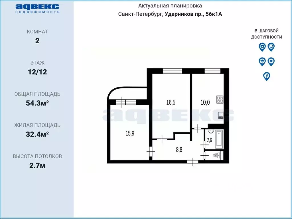 2-к кв. Санкт-Петербург просп. Ударников, 56к1 (54.3 м) - Фото 2