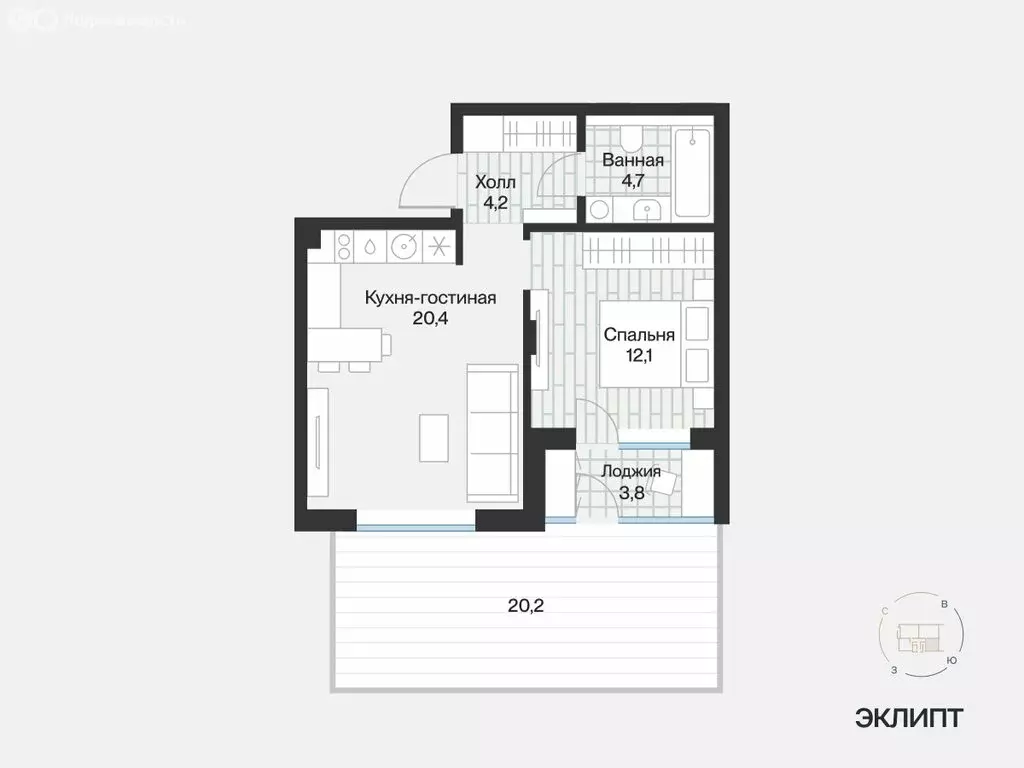 1-комнатная квартира: Тюмень, улица Игоря Комиссарова, 4 (43.19 м) - Фото 1