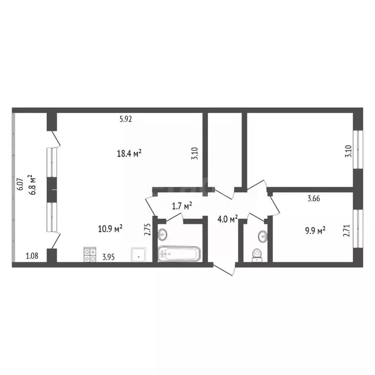 3-к кв. Тюменская область, Тюмень ул. Ю.-Р.Г. Эрвье, 10 (70.9 м) - Фото 2