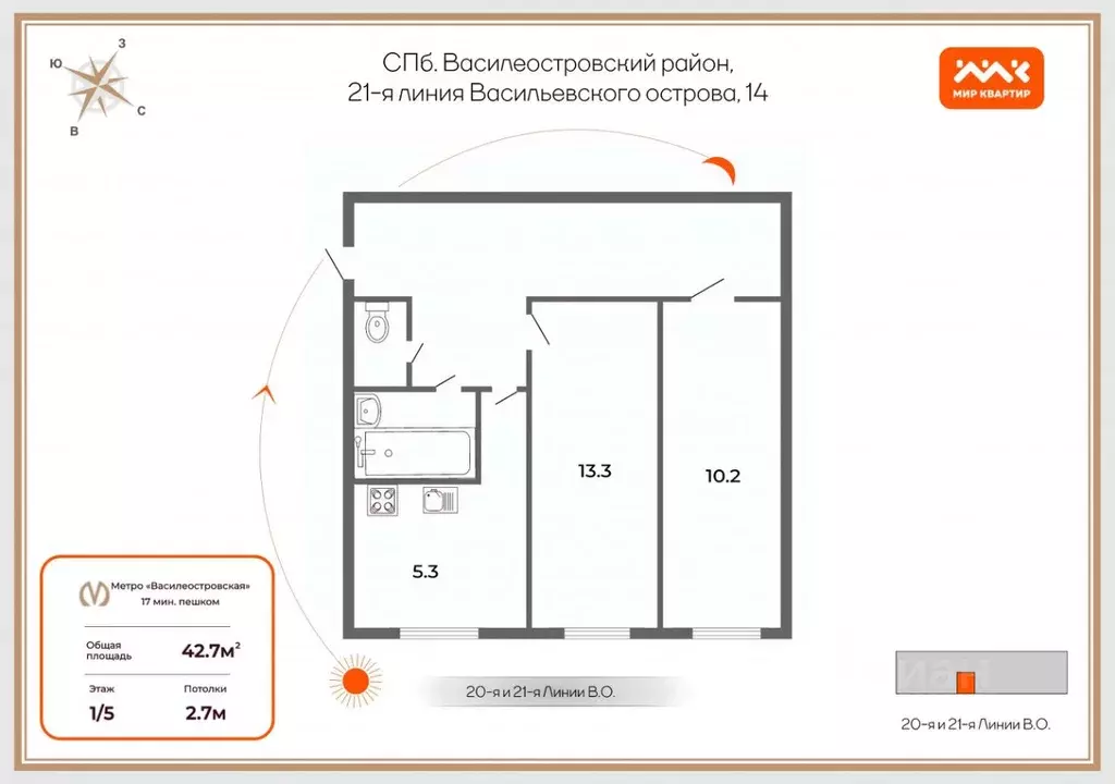 2-к кв. Санкт-Петербург 21-я Васильевского острова линия, 14 (42.7 м) - Фото 1