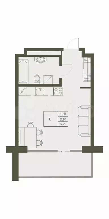 Квартира-студия, 34,3 м, 6/22 эт. - Фото 0