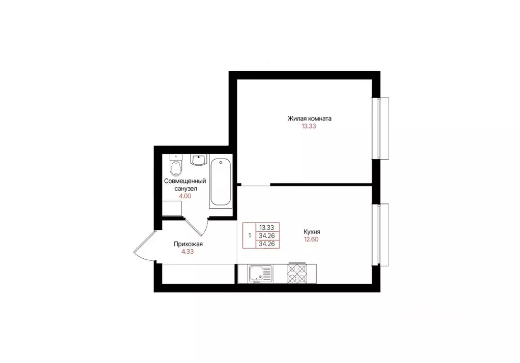 1-к кв. Татарстан, Казань Лето жилой комплекс (34.26 м) - Фото 0