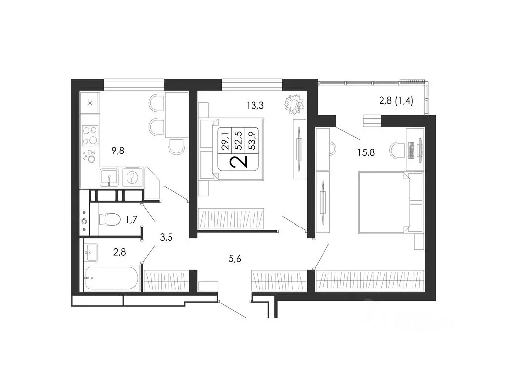 2-к кв. Воронежская область, Воронеж ул. Загоровского, 5/1 (53.9 м) - Фото 0