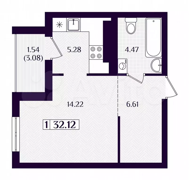 1-к. квартира, 32,1 м, 2/7 эт. - Фото 1
