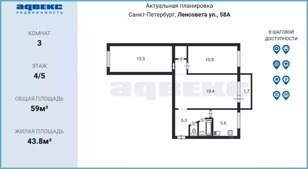 3-к кв. Санкт-Петербург ул. Ленсовета, 58 (59.0 м) - Фото 1