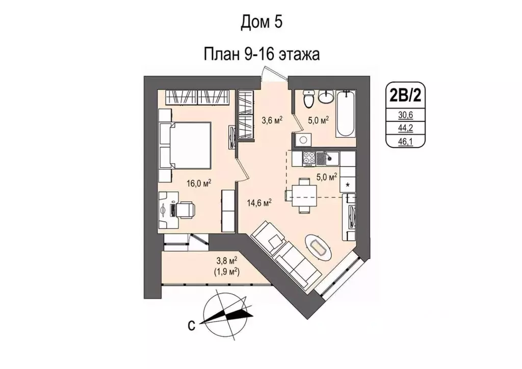 2-к кв. Кемеровская область, Кемерово 55-й мкр, 5 (46.1 м) - Фото 0