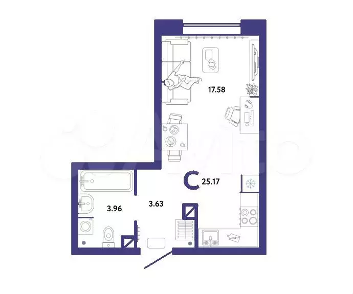 Квартира-студия, 25,2 м, 3/13 эт. - Фото 1