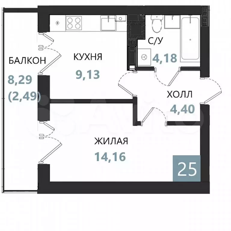 1-к. квартира, 34,4 м, 5/5 эт. - Фото 0