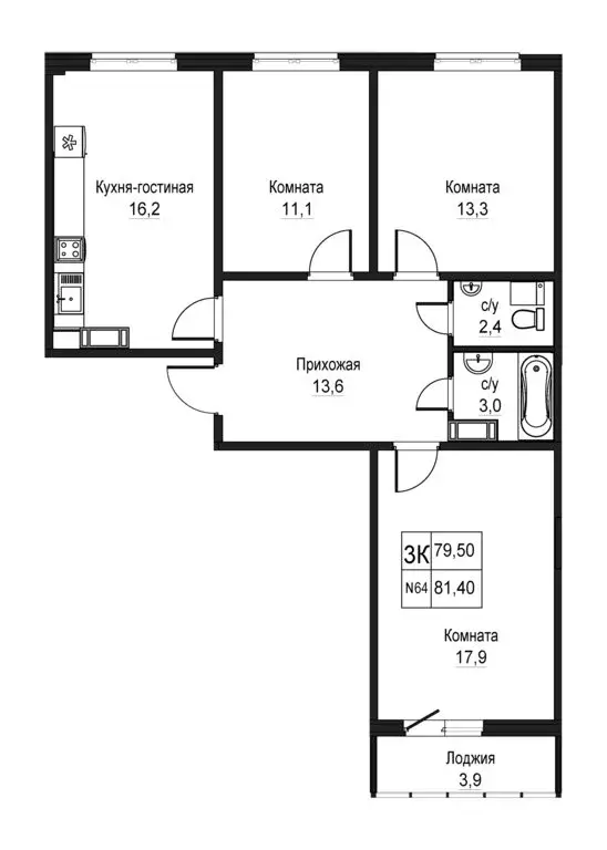 3-комнатная квартира: Нижний Новгород, ЖК Торпедо, 6 (79.5 м) - Фото 1