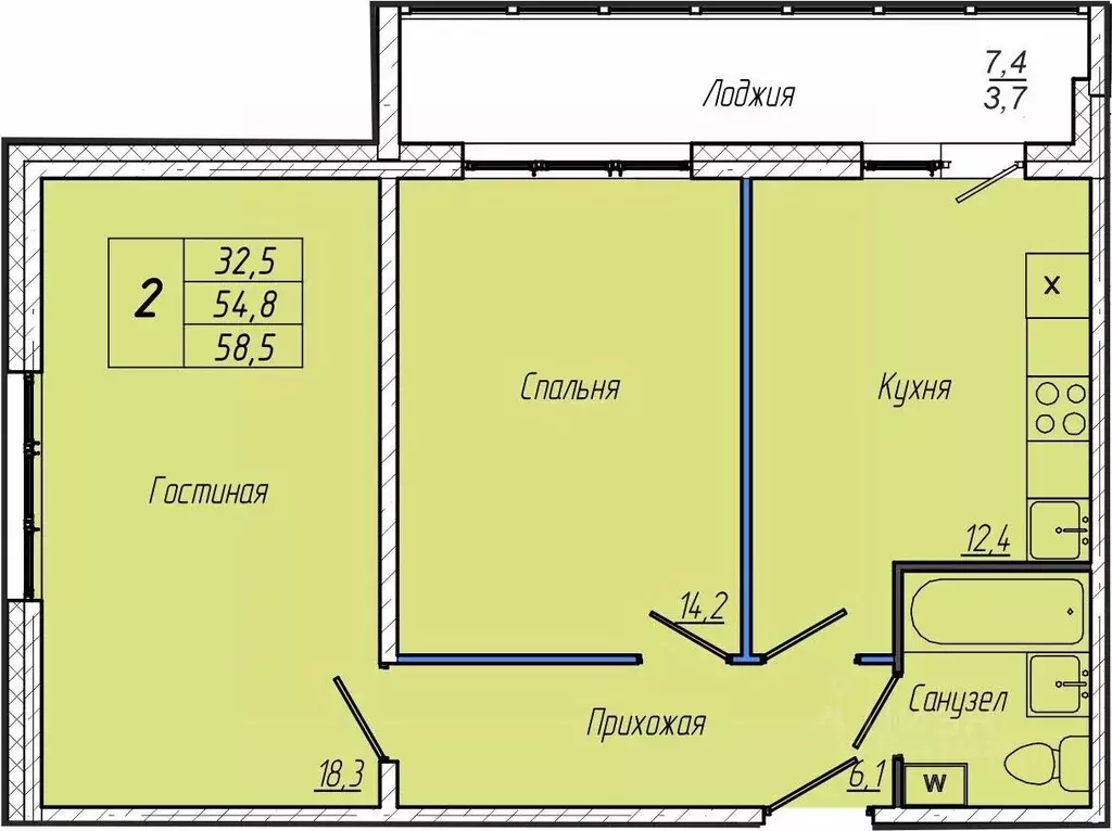 2-к кв. Кемеровская область, Кемерово просп. Притомский, 30А (58.5 м) - Фото 1
