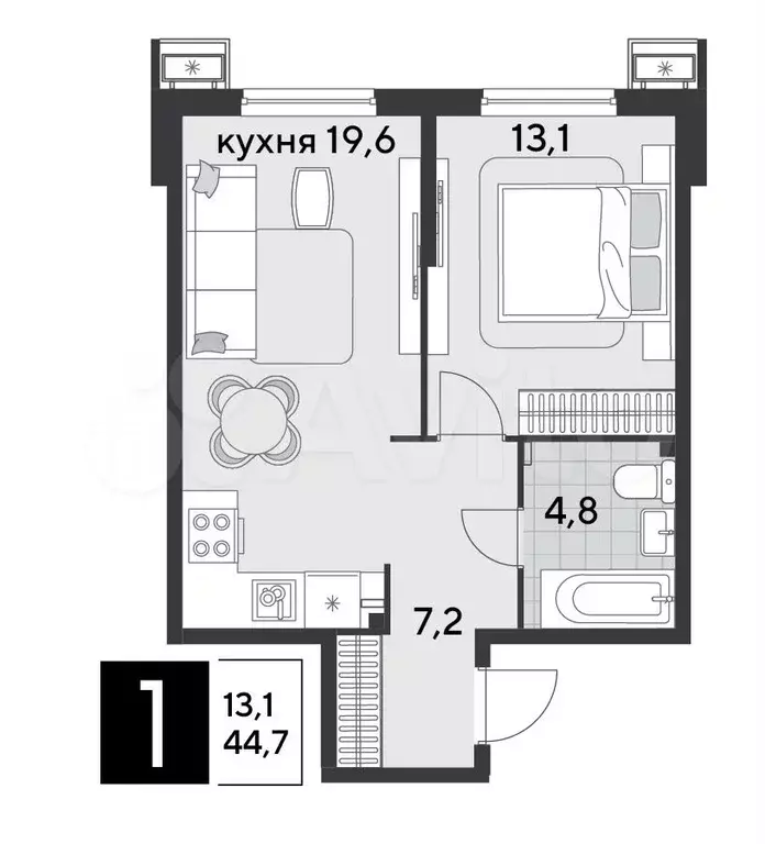 1-к. квартира, 44,7 м, 2/18 эт. - Фото 1