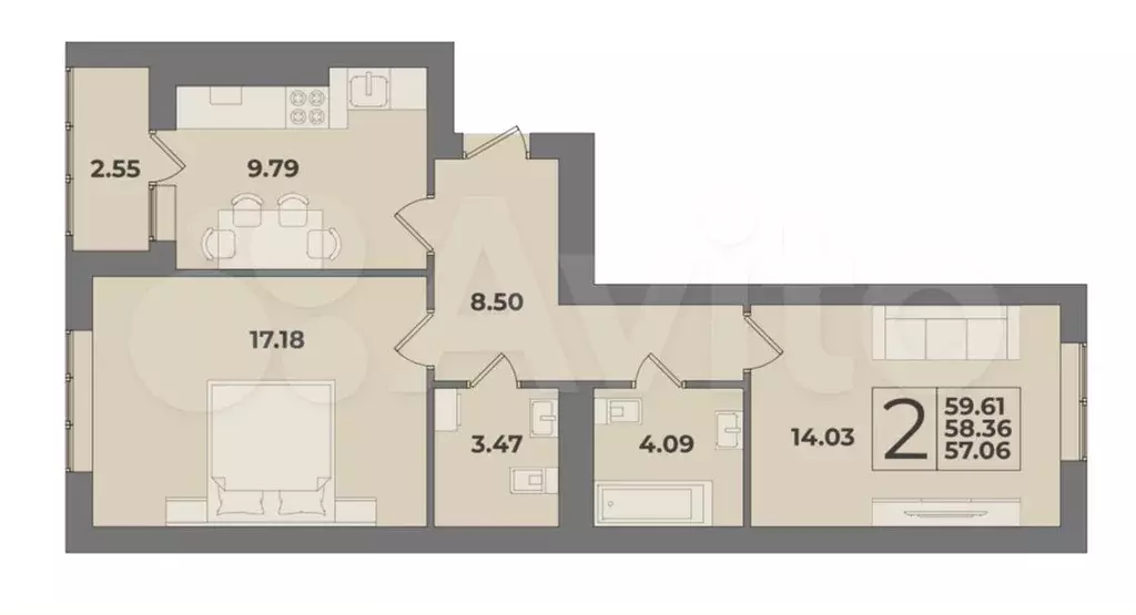 2-к. квартира, 60 м, 3/9 эт. - Фото 1