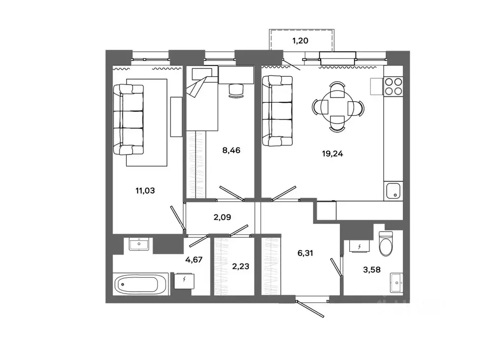 2-к кв. Ханты-Мансийский АО, Сургут 30А мкр,  (57.97 м) - Фото 0