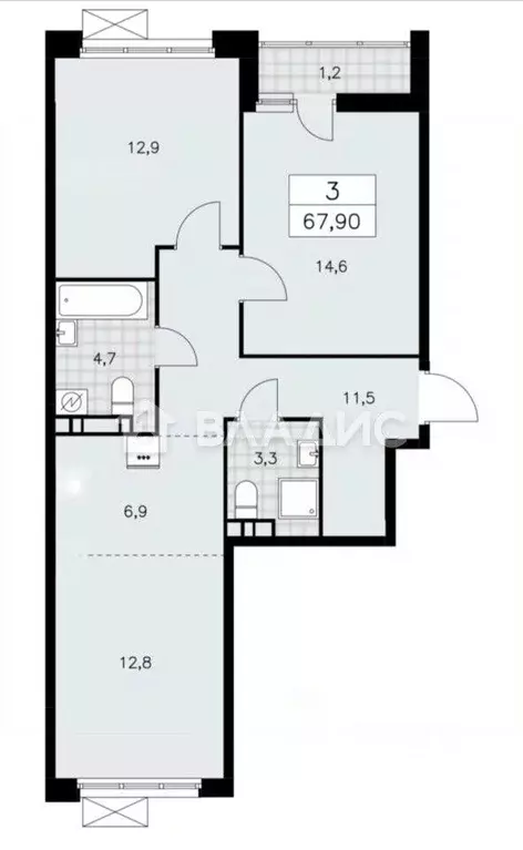 3-к кв. Москва Скандинавия жилой комплекс, ул. Эдварда Грига, 7 (68.0 ... - Фото 2