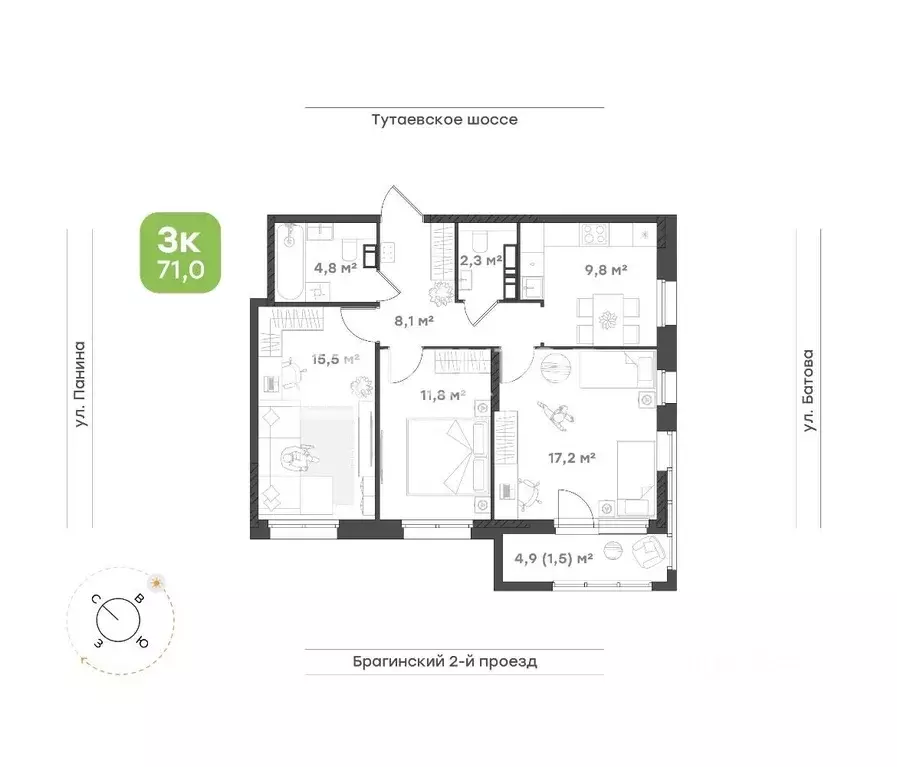 3-к кв. Ярославская область, Ярославль проезд 2-й Брагинский, 8 (71.0 ... - Фото 2