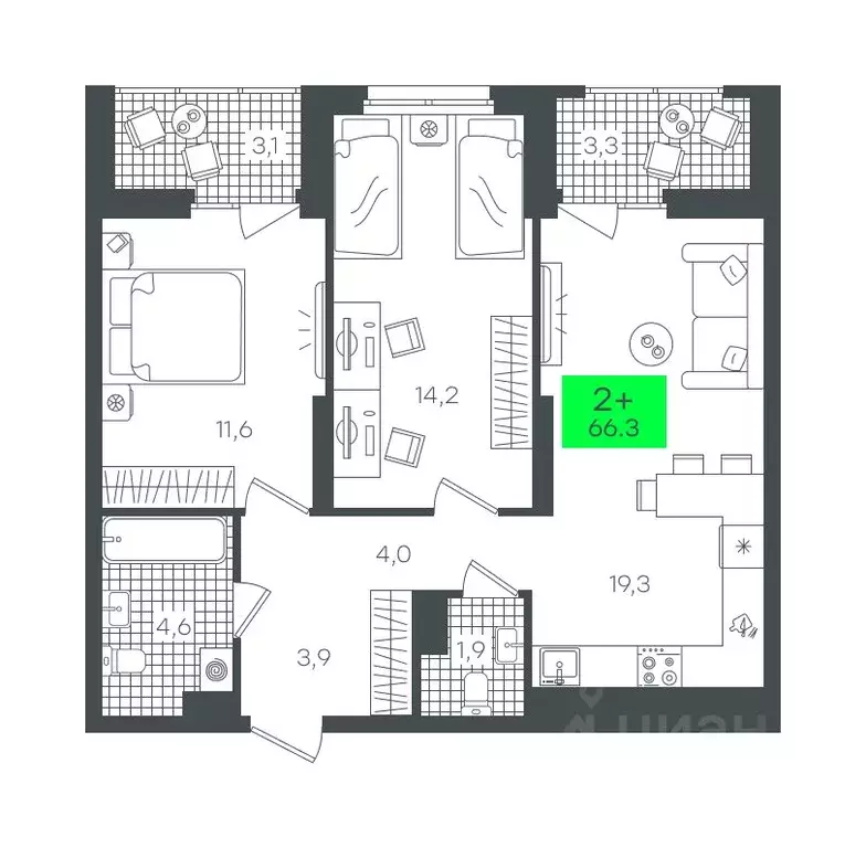 2-к кв. Тюменская область, Тюмень ул. Василия Малкова, 19 (66.3 м) - Фото 0