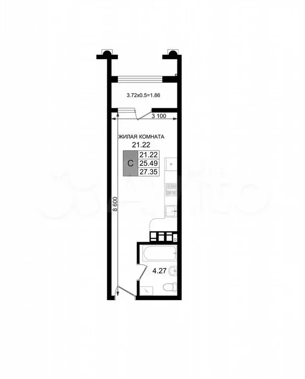 Квартира-студия, 27,4 м, 6/8 эт. - Фото 1
