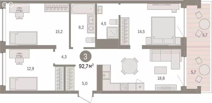 3-комнатная квартира: Тюмень, ЖК Дом у Озера (92.65 м) - Фото 1