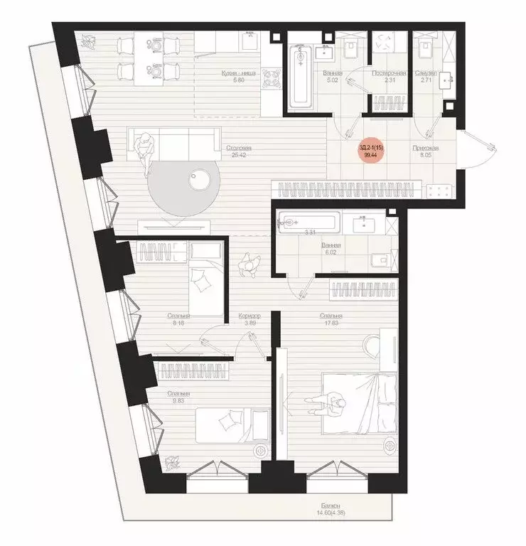 3-комнатная квартира: Казань, ЖК Яналиф (99.44 м) - Фото 2